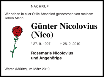 Traueranzeige von Günter Nicolovius von Müritz-Zeitung