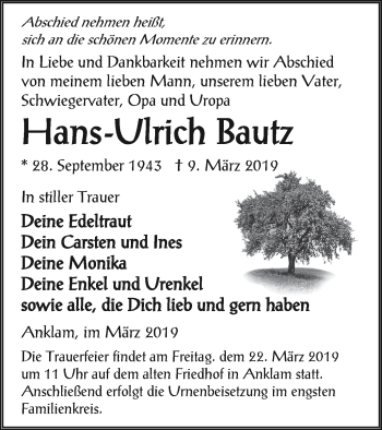 Traueranzeige von Hans-Ulrich Bautz von Vorpommern Kurier