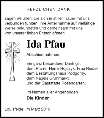 Traueranzeige von Ida Pfau von Pasewalker Zeitung