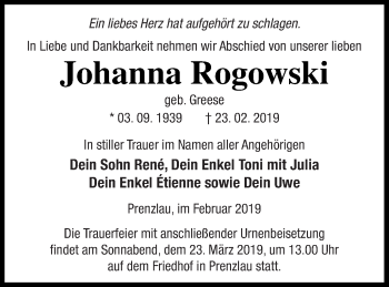 Traueranzeige von Johanna Rogowski von Prenzlauer Zeitung