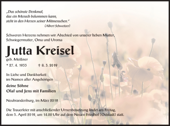 Traueranzeige von Jutta Kreisel von Neubrandenburger Zeitung