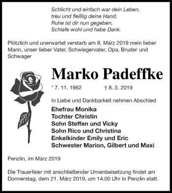 Traueranzeige von Marko Padeffke von Müritz-Zeitung