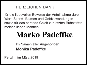 Traueranzeige von Marko Padeffke von Müritz-Zeitung