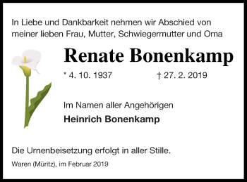Traueranzeige von Renate Bonenkamp von Müritz-Zeitung