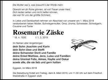 Traueranzeige von Rosemarie Zäske von Haff-Zeitung