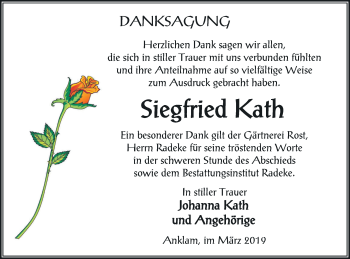 Traueranzeige von Siegfried Kath von Vorpommern Kurier