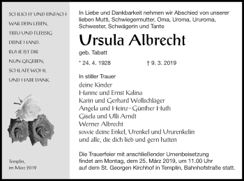 Traueranzeige von Ursula Albrecht von Templiner Zeitung