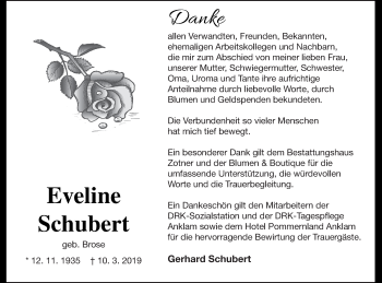 Traueranzeige von Eveline Schubert von Vorpommern Kurier