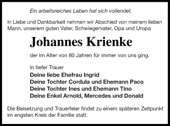Traueranzeige von Johannes Krienke von Pasewalker Zeitung