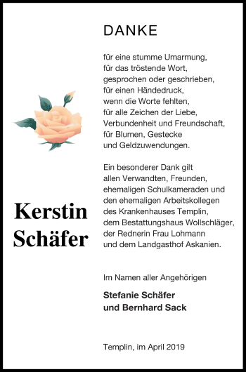 Traueranzeige von Kerstin Schäfer von Templiner Zeitung