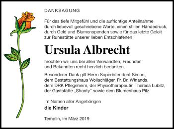Traueranzeige von Ursula Albrecht von Templiner Zeitung