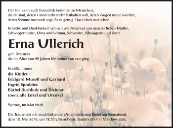 Traueranzeige von Erna Ullerich von Müritz-Zeitung