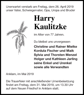 Traueranzeige von Harry Kaulitzke von Vorpommern Kurier