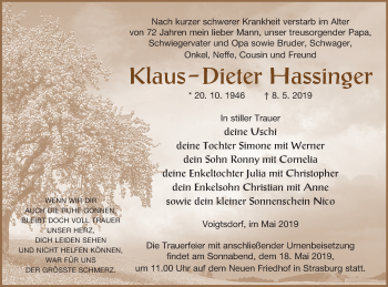 Traueranzeige von Klaus-Dieter Hassinger von Pasewalker Zeitung