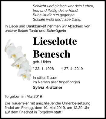 Traueranzeige von Lieselotte Benesch von Haff-Zeitung
