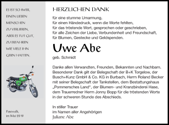 Traueranzeige von Uwe Abe von Haff-Zeitung