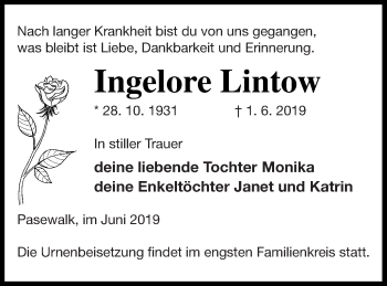 Traueranzeige von Ingelore Lintow von Pasewalker Zeitung