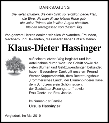 Traueranzeige von Klaus-Dieter Hassinger von Pasewalker Zeitung