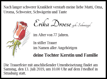Traueranzeige von Erika Droese von Pasewalker Zeitung