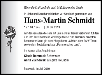 Traueranzeige von Hans-Martin Schmidt von Pasewalker Zeitung
