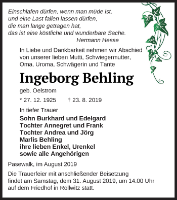 Traueranzeige von Ingeborg Behling von Pasewalker Zeitung