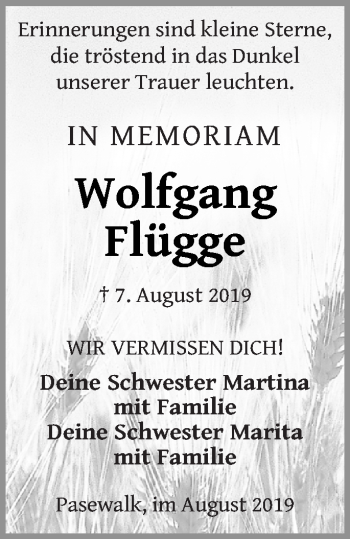 Traueranzeige von Wolfgang Flügge von Pasewalker Zeitung