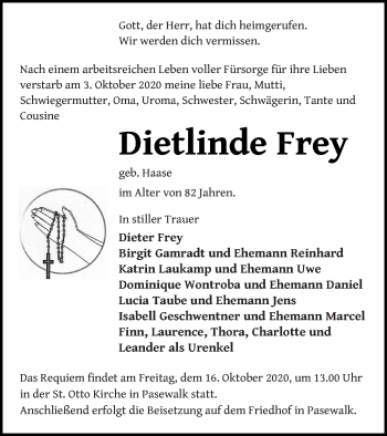 Traueranzeige von Dietlinde Frey von Pasewalker Zeitung