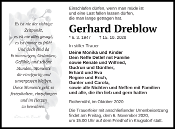 Traueranzeige von Gerhard Dreblow von Pasewalker Zeitung