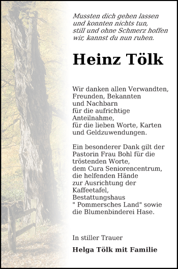 Traueranzeige von Heinz Tölk von Pasewalker Zeitung