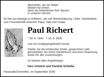 Traueranzeige von Paul Richert von Pasewalker Zeitung