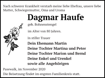Traueranzeige von Dagmar Haufe von Pasewalker Zeitung