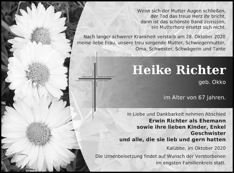  Traueranzeige für Heike Richter vom 03.11.2020 aus Neubrandenburger Zeitung