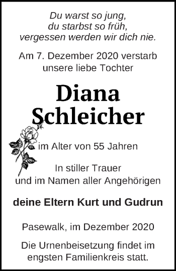 Traueranzeige von Diana Schleicher von Pasewalker Zeitung