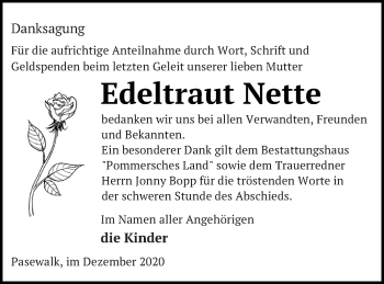 Traueranzeige von Edeltraut Nette von Pasewalker Zeitung