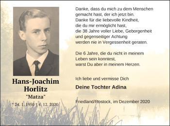 Traueranzeige von Hans-Joachim Horlitz von Neubrandenburger Zeitung
