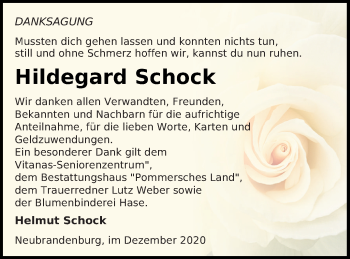 Traueranzeige von Hildegard Schock von Neubrandenburger Zeitung