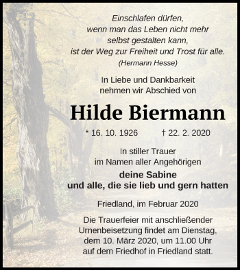 Traueranzeige von Hilde Biermann von Neubrandenburger Zeitung