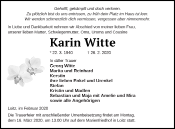 Traueranzeige von Karin Witte von Vorpommern Kurier