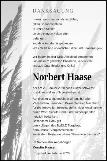 Traueranzeige von Norbert Haase von Pasewalker Zeitung