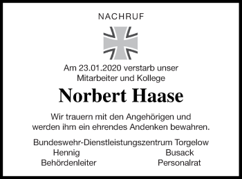 Traueranzeige von Norbert Haase von Pasewalker Zeitung