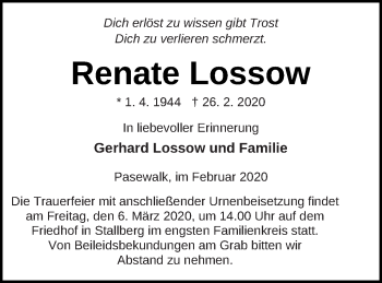 Traueranzeige von Renate Lossow von Pasewalker Zeitung