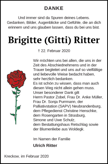 Traueranzeige von Brigitte  Ritter von Pasewalker Zeitung