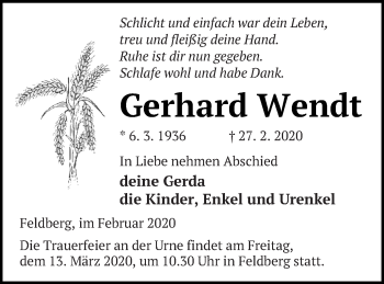 Traueranzeige von Gerhard Wendt von Strelitzer Zeitung