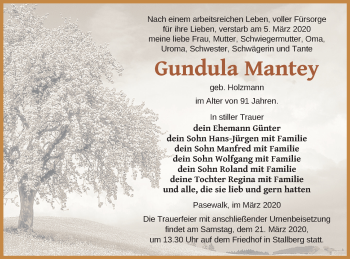 Traueranzeige von Gundula Mantey von Pasewalker Zeitung