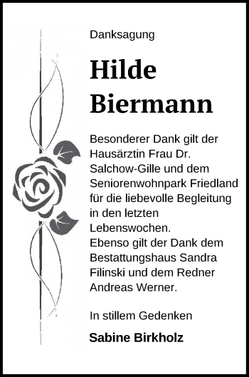 Traueranzeige von Hilde Biermann von Neubrandenburger Zeitung