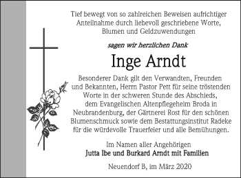 Traueranzeige von Inge Arndt von Vorpommern Kurier
