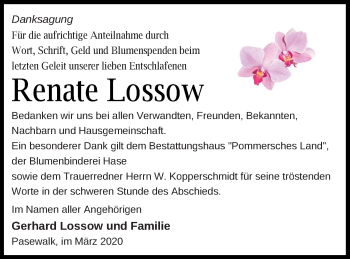 Traueranzeige von Renate Lossow von Pasewalker Zeitung