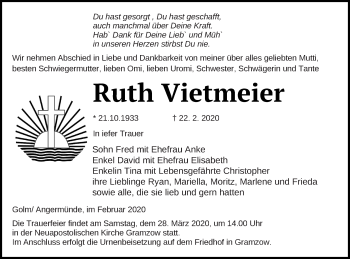 Traueranzeige von Ruth Vietmeier von Prenzlauer Zeitung