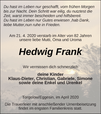 Traueranzeige von Hedwig Frank von Haff-Zeitung