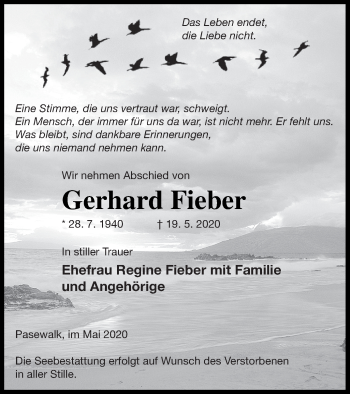 Traueranzeige von Gerhard Fieber von Pasewalker Zeitung